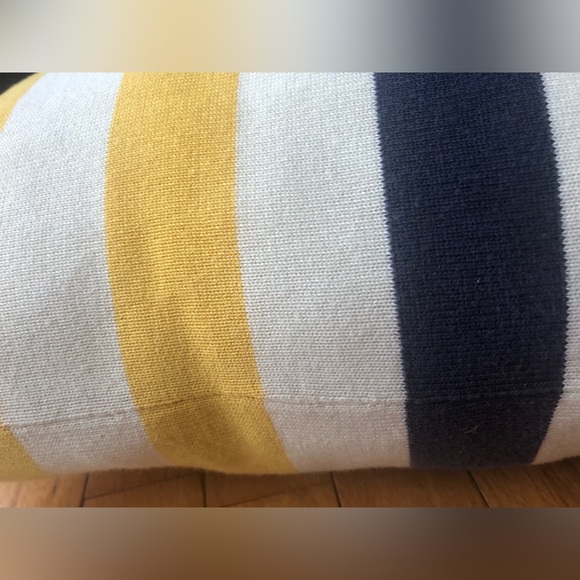 Knitted striped decorative throw pillow. Yellow, navy & cream. - Picture 7 of 8